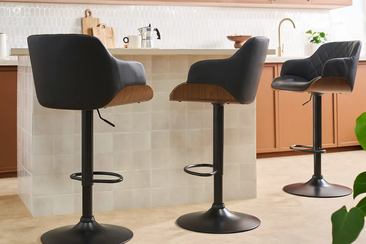 Tabouret de bar design réglable pivotant 360° noir et bois foncé LUCIEN