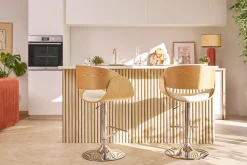 Tabouret de bar design réglable blanc et bois clair BENT