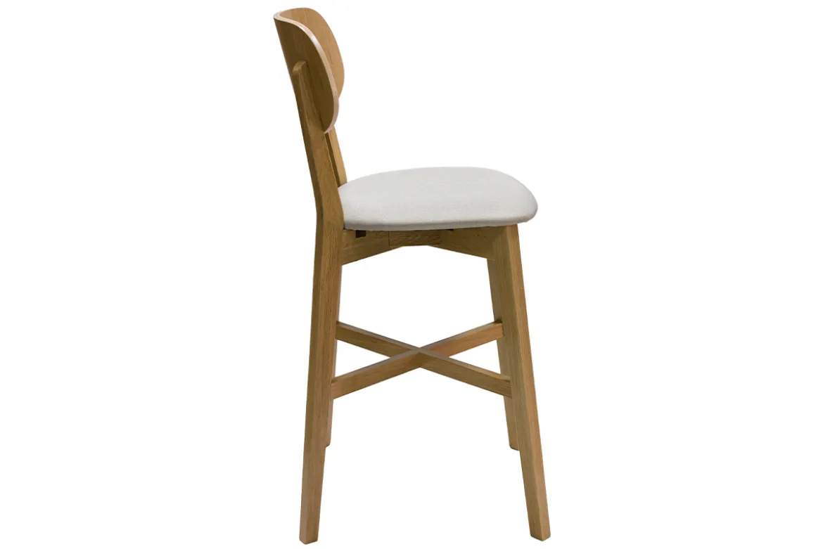 Tabouret de bar en bois clair chêne massif et tissu beige H65 cm LUCIA