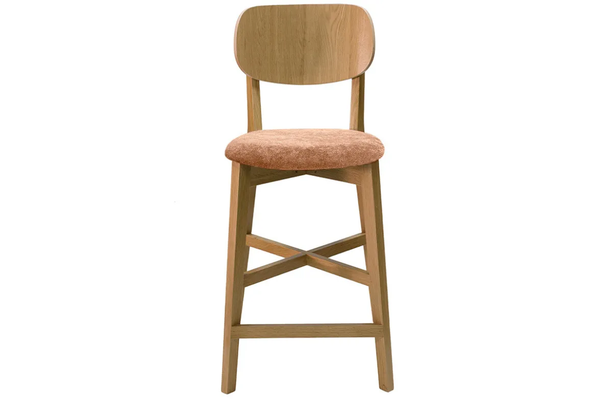 Tabouret de bar en bois clair chêne et tissu effet velours terre brûlée H65 cm LUCIA