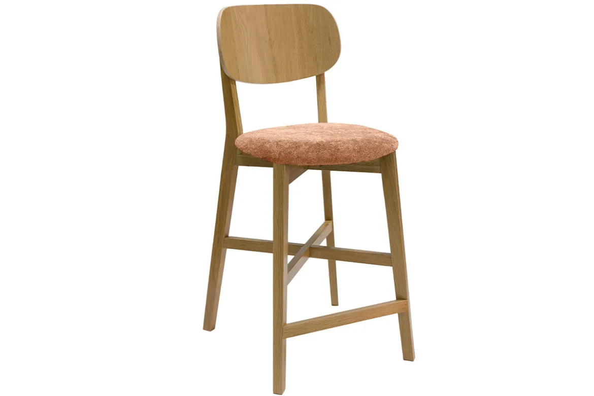 Tabouret de bar en bois clair chêne et tissu effet velours terre brûlée H65 cm LUCIA