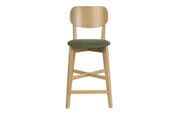 Tabouret de bar en bois clair chêne et tissu effet velours texturé vert kaki H65 cm LUCIA