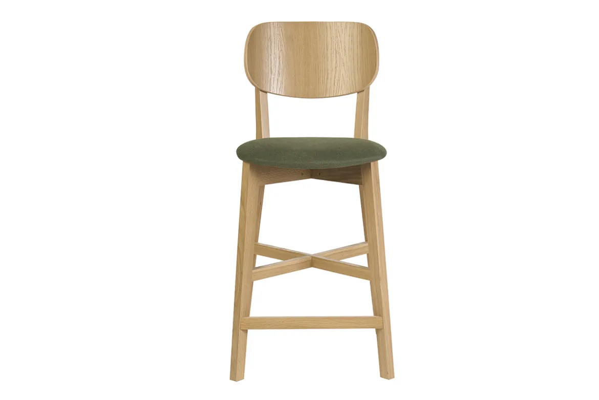 Tabouret de bar en bois clair chêne et tissu effet velours texturé vert kaki H65 cm LUCIA