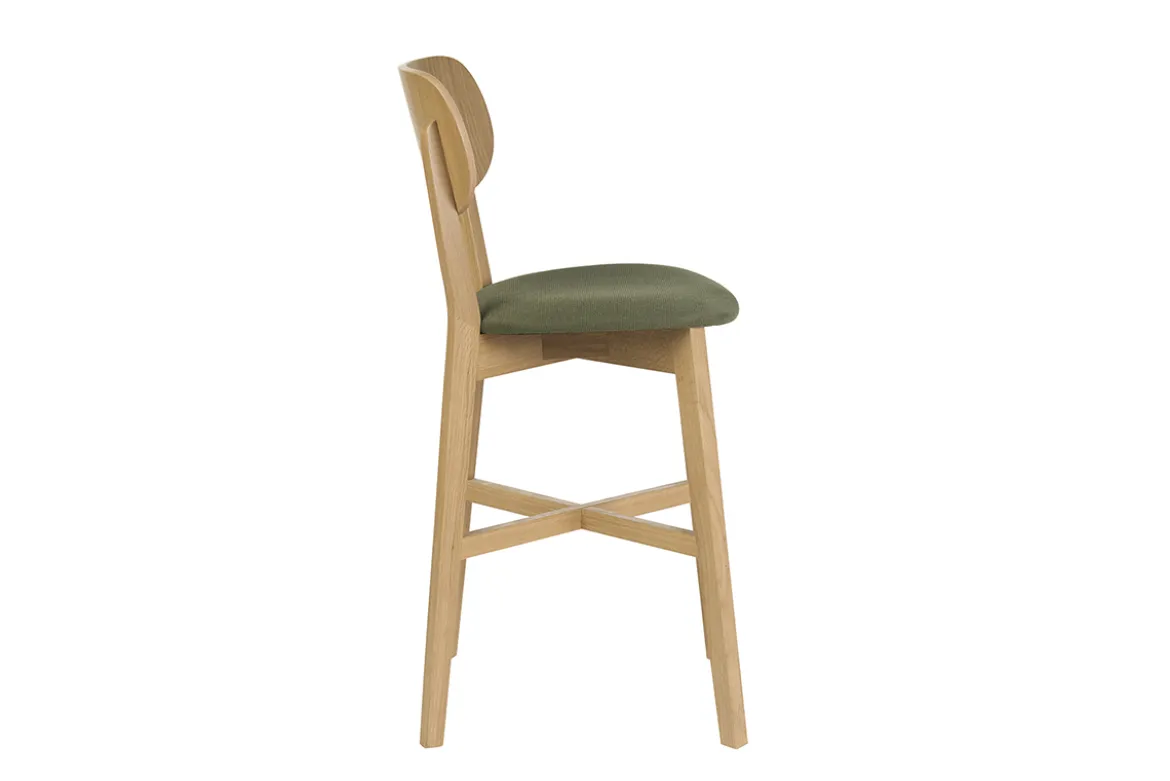 Tabouret de bar en bois clair chêne et tissu effet velours texturé vert kaki H65 cm LUCIA