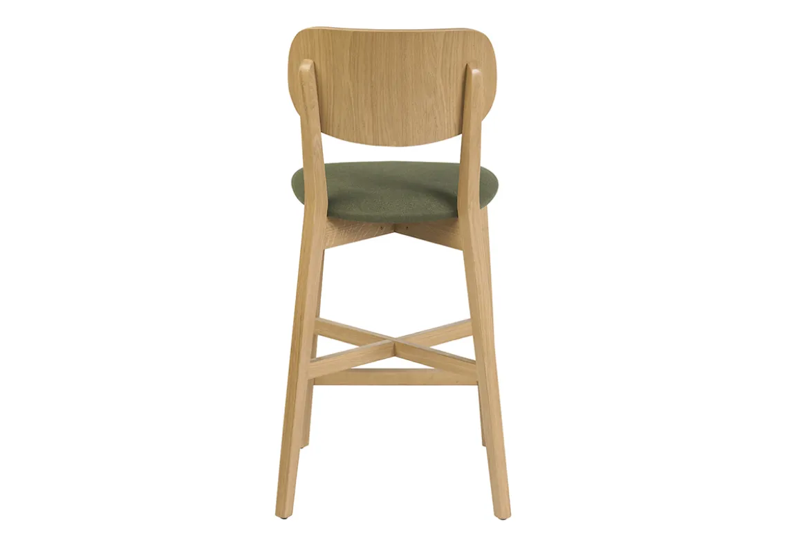 Tabouret de bar en bois clair chêne et tissu effet velours texturé vert kaki H65 cm LUCIA