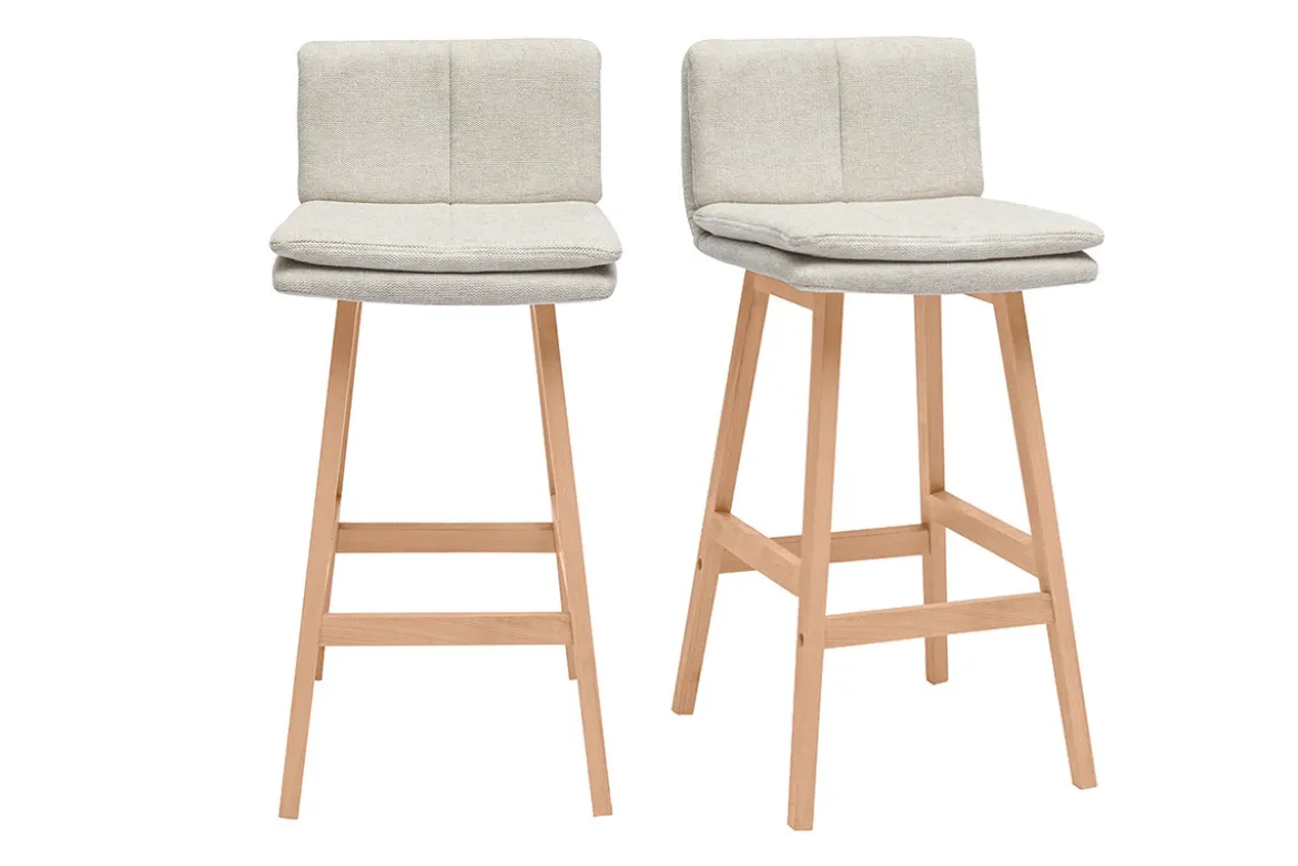 Tabouret de bar en tissu effet velours texturé beige et bois (lot de 2) JOAN