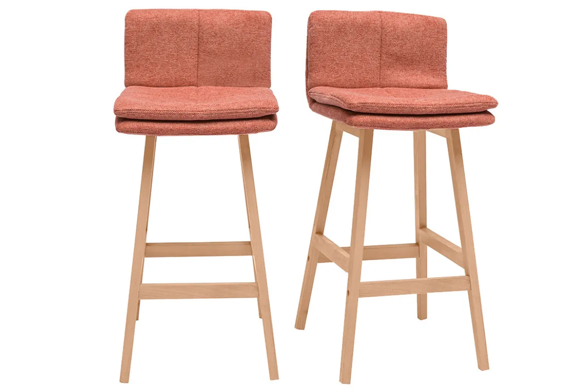 Tabouret de bar en tissu effet velours texturé terracotta et bois (lot de 2) JOAN