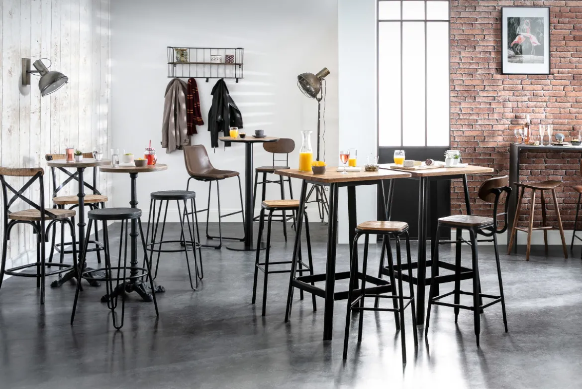 Tabouret de bar industriel en bois et métal noir 65 cm JAKE