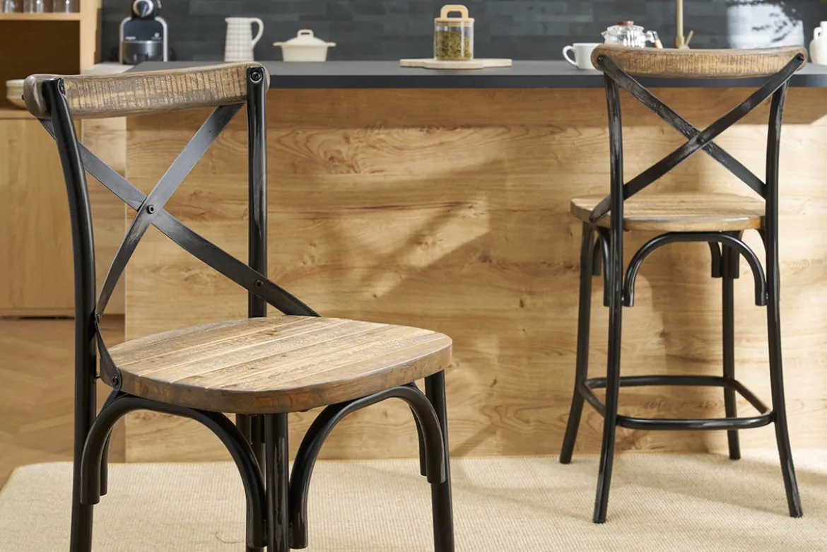 Tabouret de bar industriel en bois et métal noir 65 cm JAKE