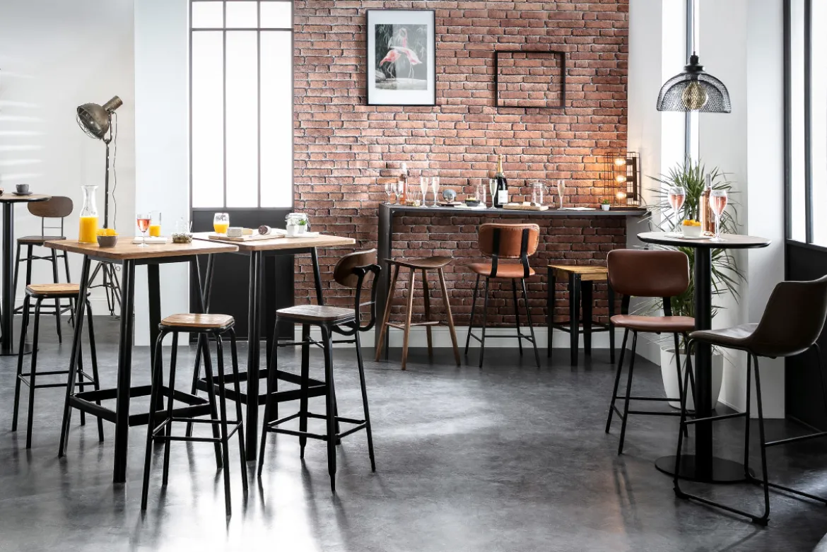 Tabouret de bar industriel métal et bois manguier massif H65 cm MADISON
