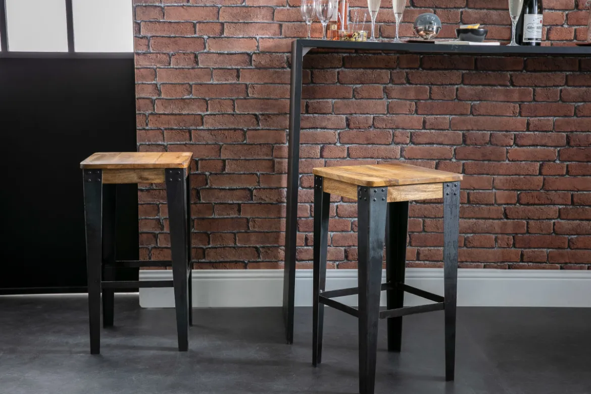 Tabouret de bar industriel métal et bois manguier massif H65 cm MADISON