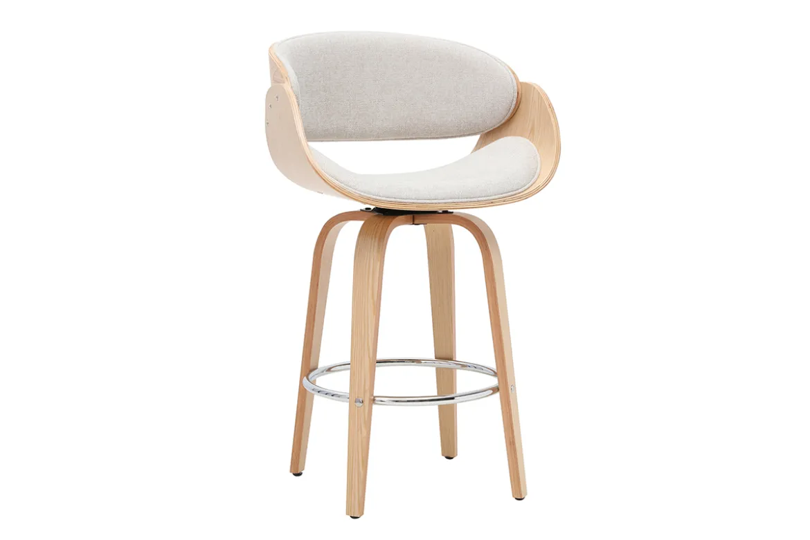 Tabouret de bar pivotant en tissu effet velours texturé beige et bois clair H69 cm BENT