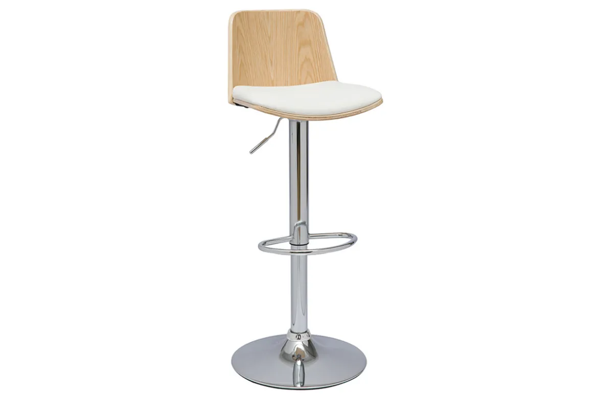Tabouret de bar réglable blanc, bois clair et pied chromé DOA