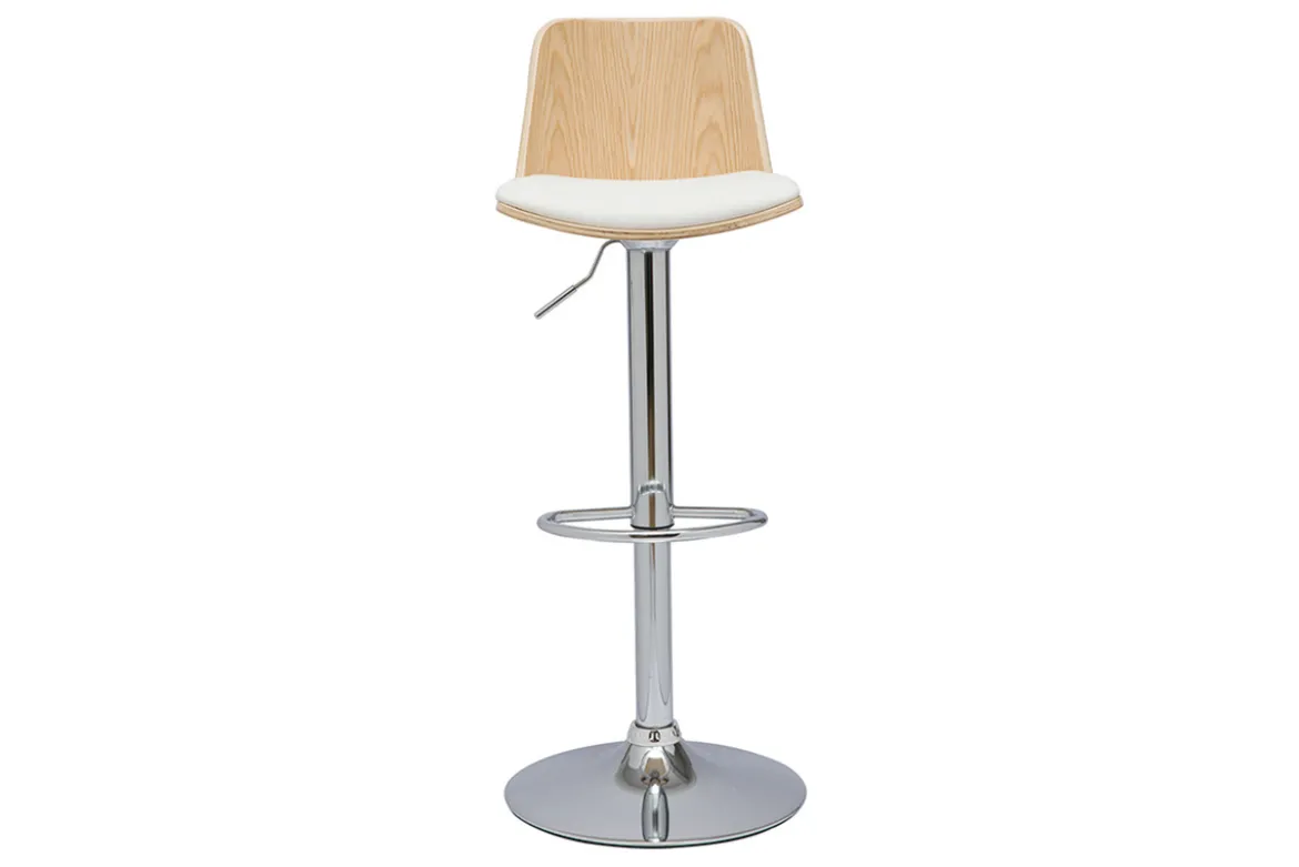 Tabouret de bar réglable blanc, bois clair et pied chromé DOA