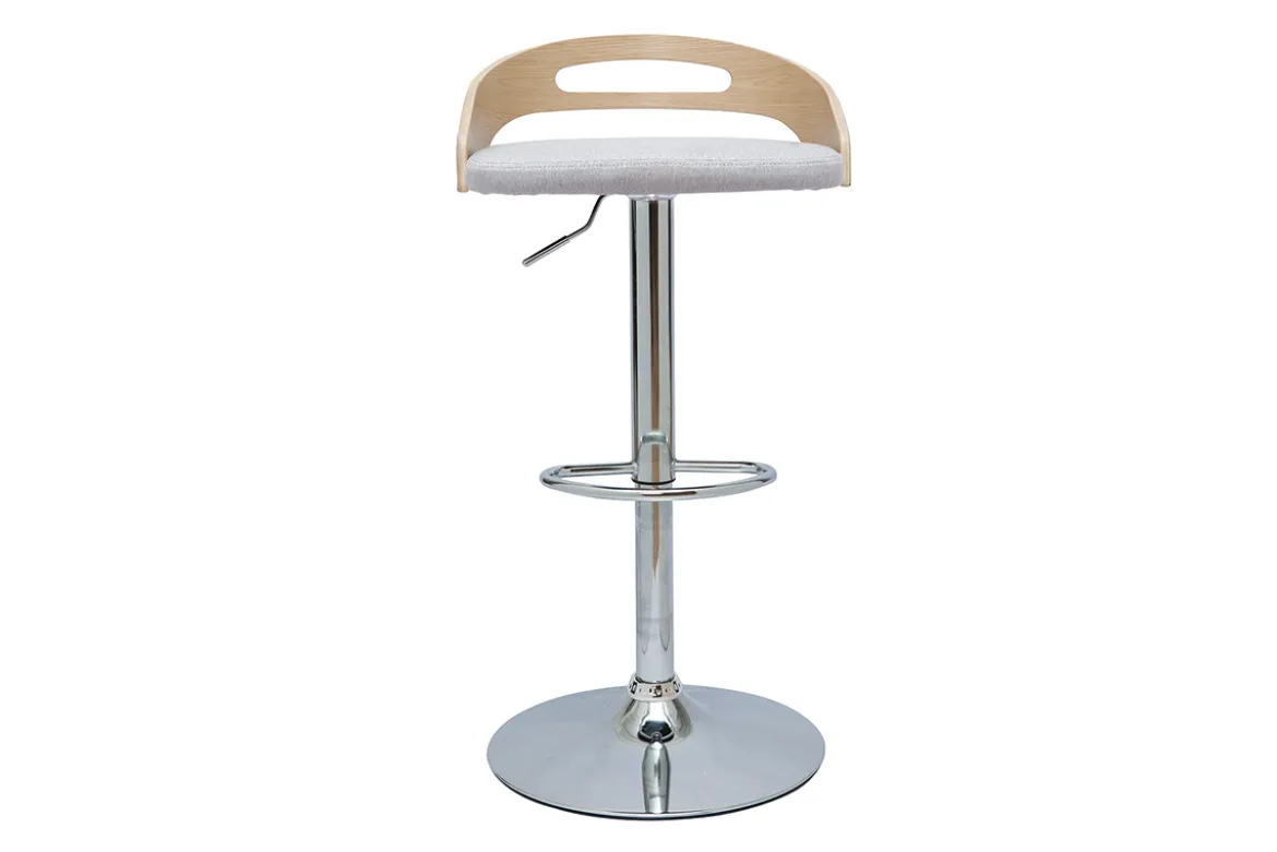 Tabouret de bar réglable design bois clair et tissu gris clair MANO