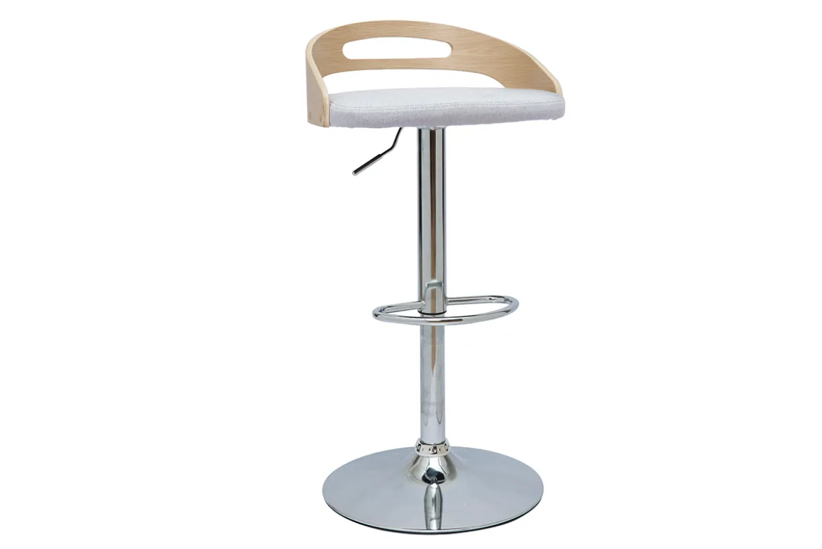 Tabouret de bar réglable design bois clair et tissu gris clair MANO