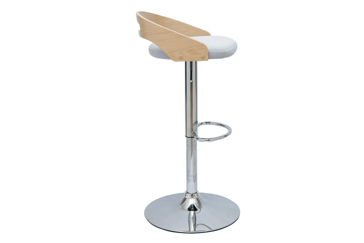 Tabouret de bar réglable design bois clair et tissu gris clair MANO