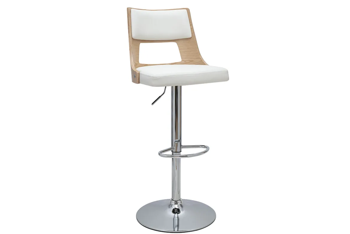 Tabouret de bar réglable pivotants 360° blanc et bois clair GARBO