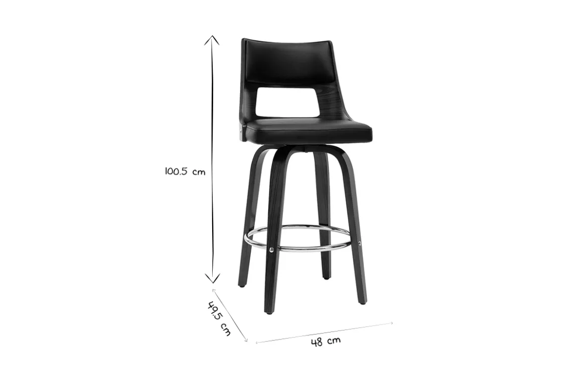Tabouret de bar vintage pivotant noir et bois foncé GARBO