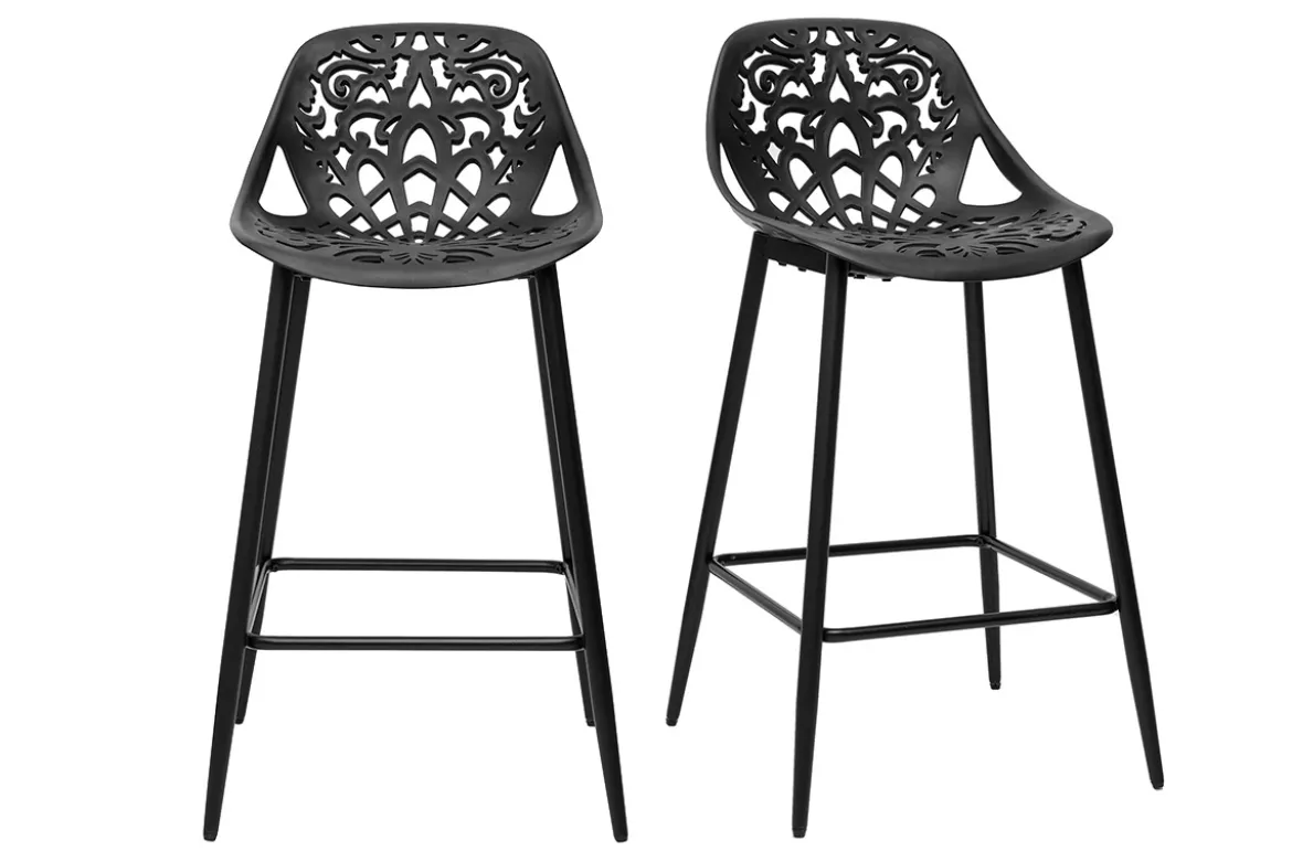 Tabourets de bar design avec motif baroque noir H66 cm (lot de 2) BAROCCA