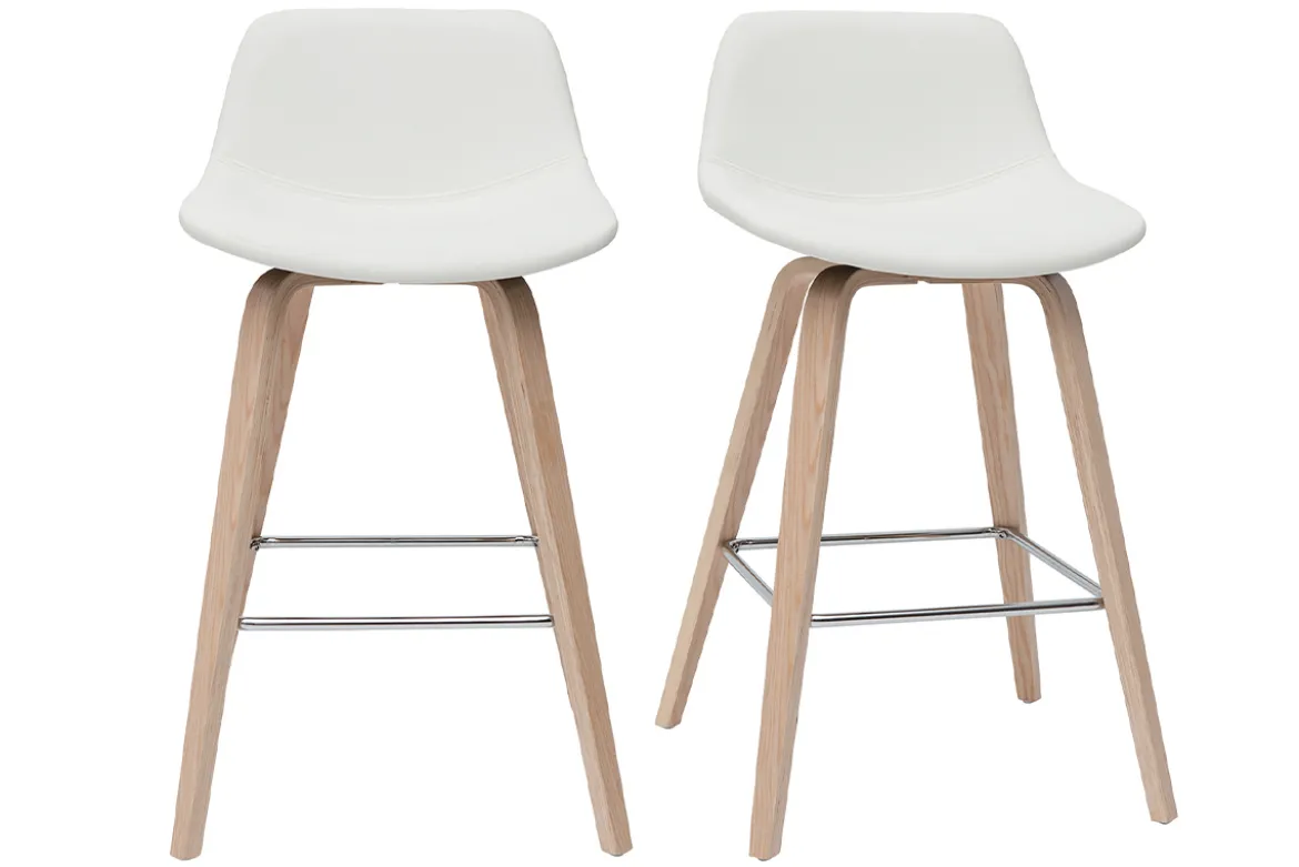 Tabourets de bar design blanc et bois clair H65 cm (lot de 2) NONIE
