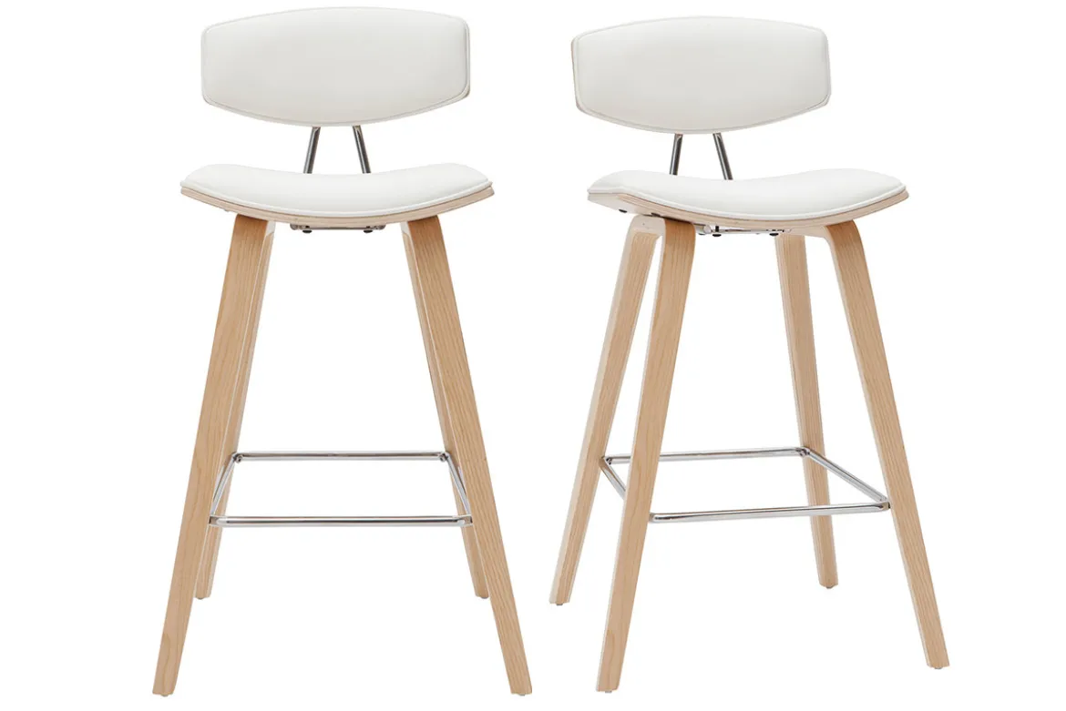 Tabourets de bar design blanc et bois clair H69 cm (lot de 2) VASCO