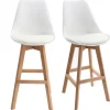 Tabourets de bar design blanc et bois H65 cm (lot de 2) PAULINE