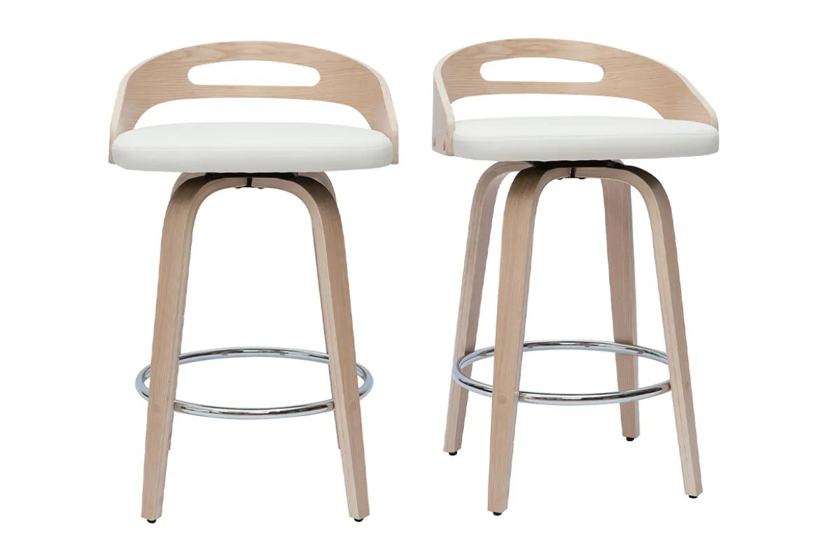 Tabourets de bar design bois clair et polyuréthane blanc 65cm pivotant 360° (lot de 2) MANO