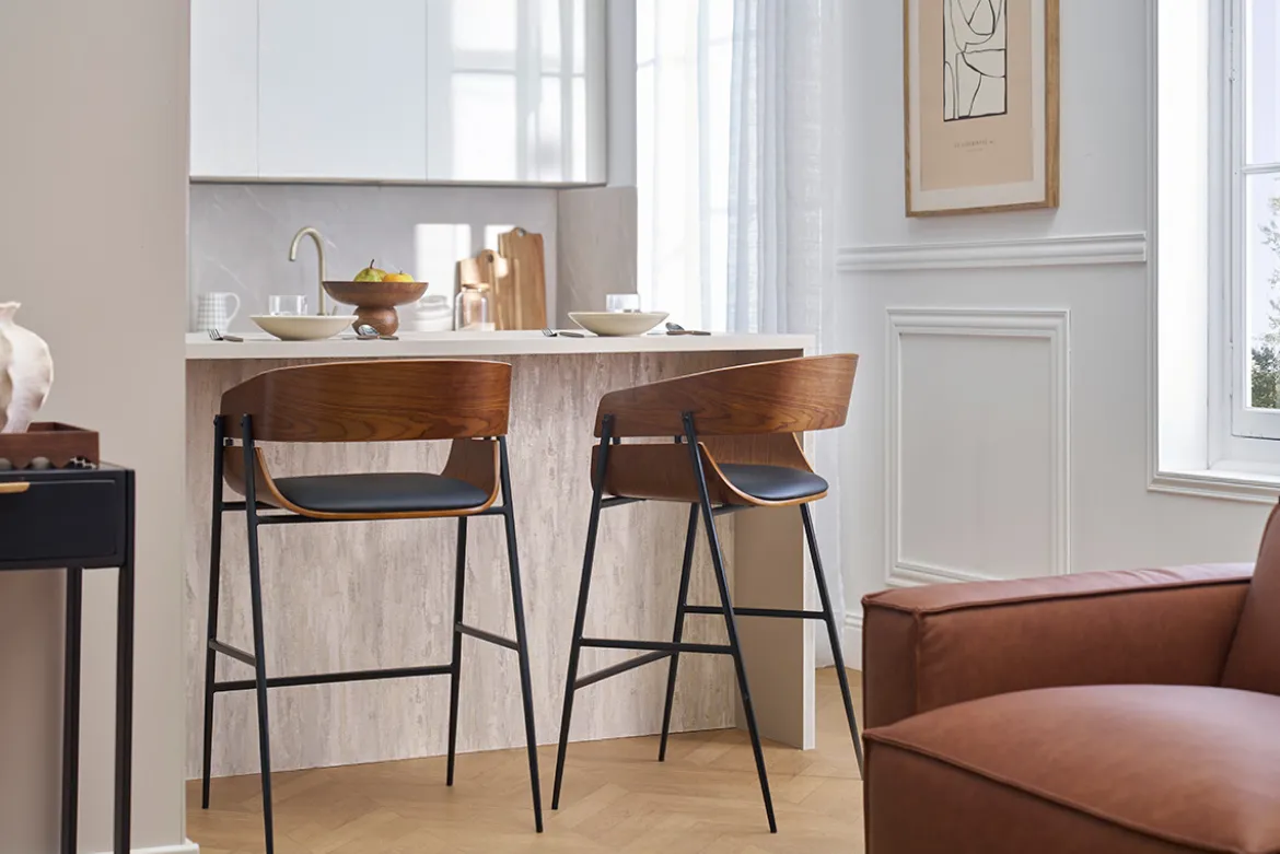 Tabourets de bar design bois foncé et métal noir (lot de 2) WESS