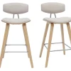 Tabourets de bar design en tissu effet velours texturé beige et bois clair H69 cm (lot de 2) VASCO