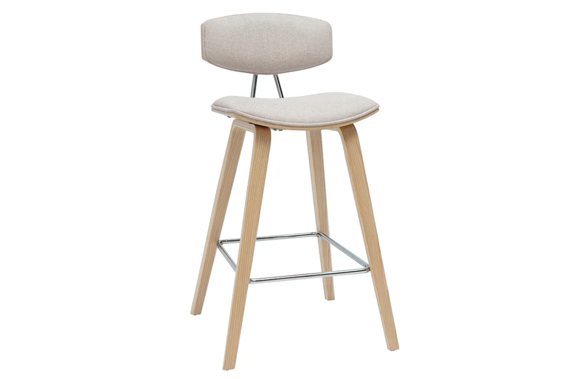 Tabourets de bar design en tissu effet velours texturé beige et bois clair H69 cm (lot de 2) VASCO