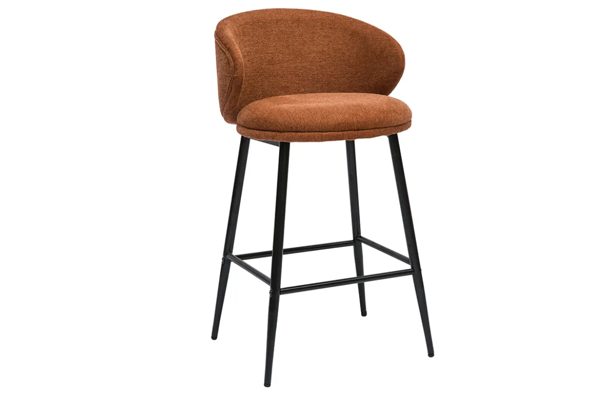 Tabourets de bar design en tissu effet velours texturé terre brûlée et métal noir (lot de 2) ROSALIE
