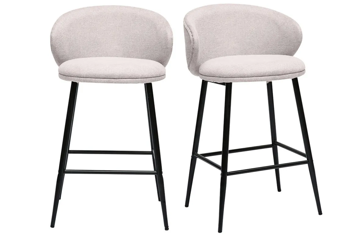 Tabourets de bar design en tissu effet velours texturé beige et métal noir (lot de 2) ROSALIE