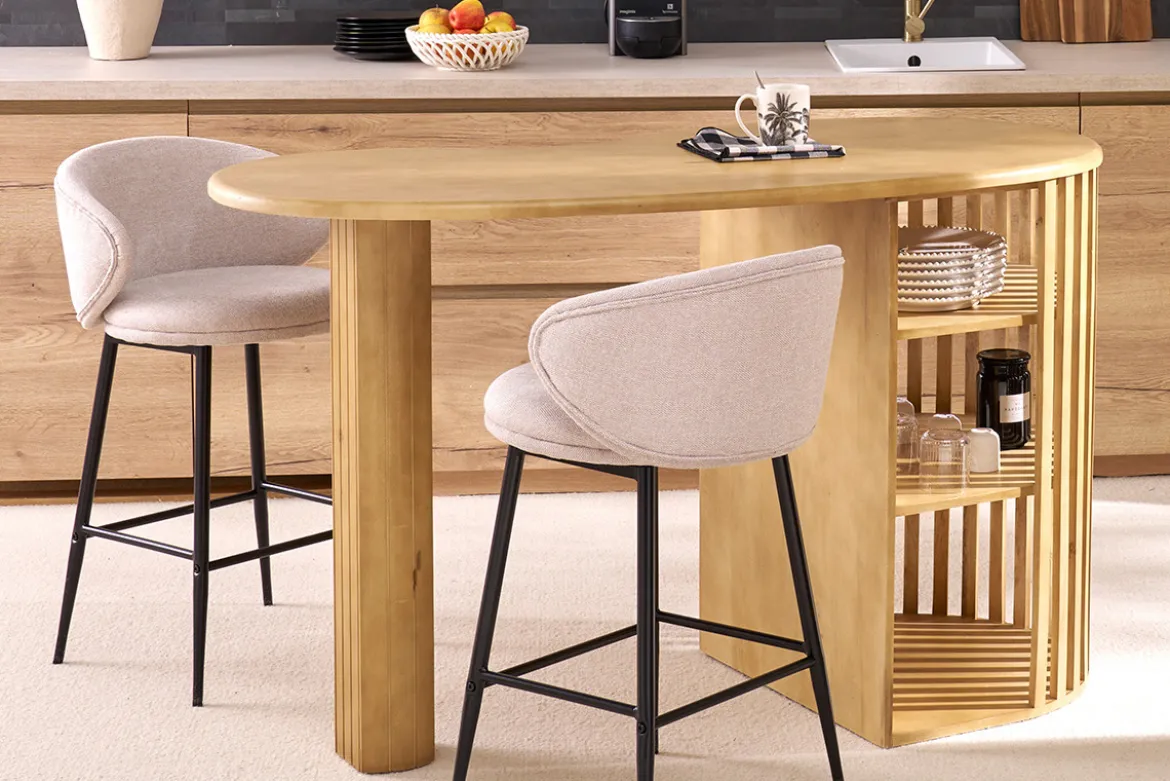 Tabourets de bar design en tissu effet velours texturé beige et métal noir (lot de 2) ROSALIE