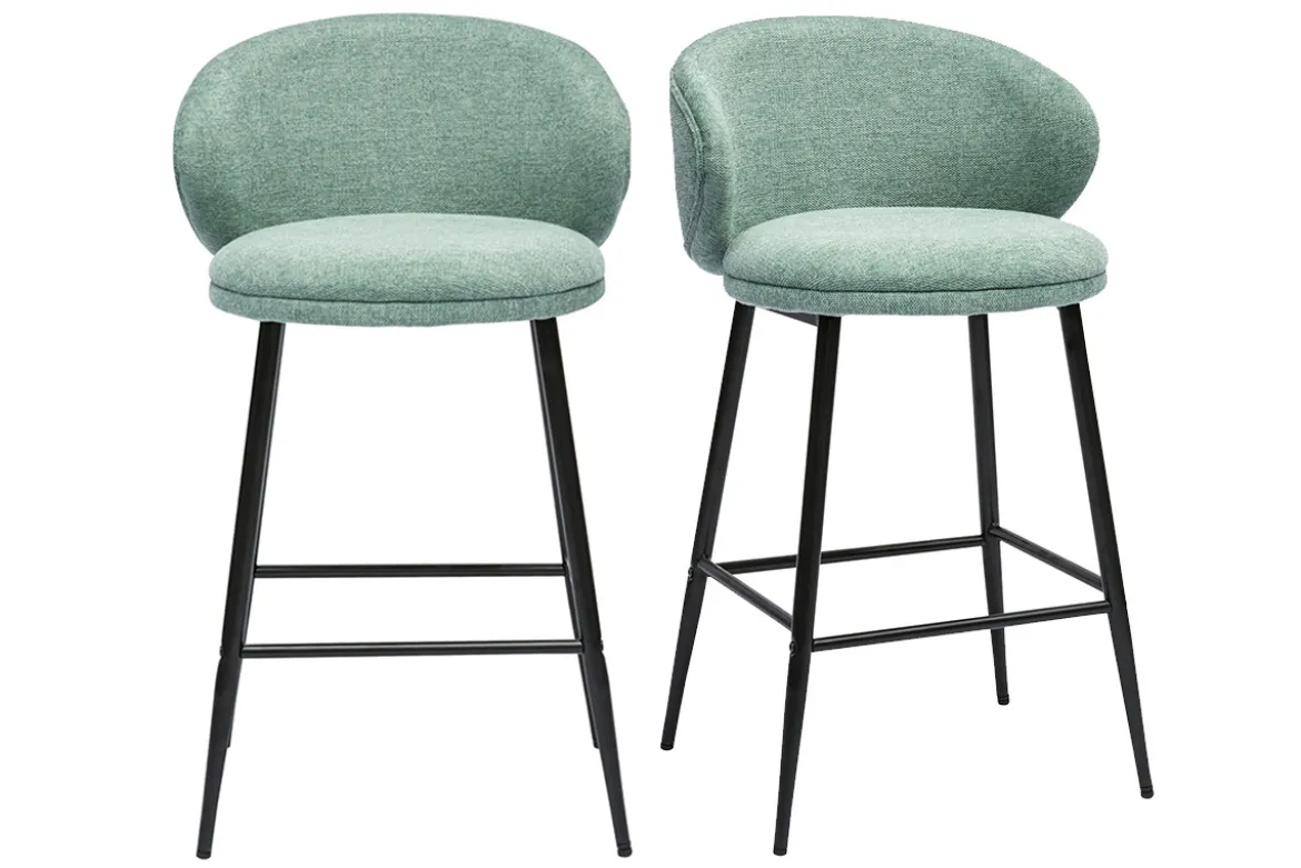 Tabourets de bar design en tissu effet velours texturé vert céladon et métal noir (lot de 2) ROSALIE