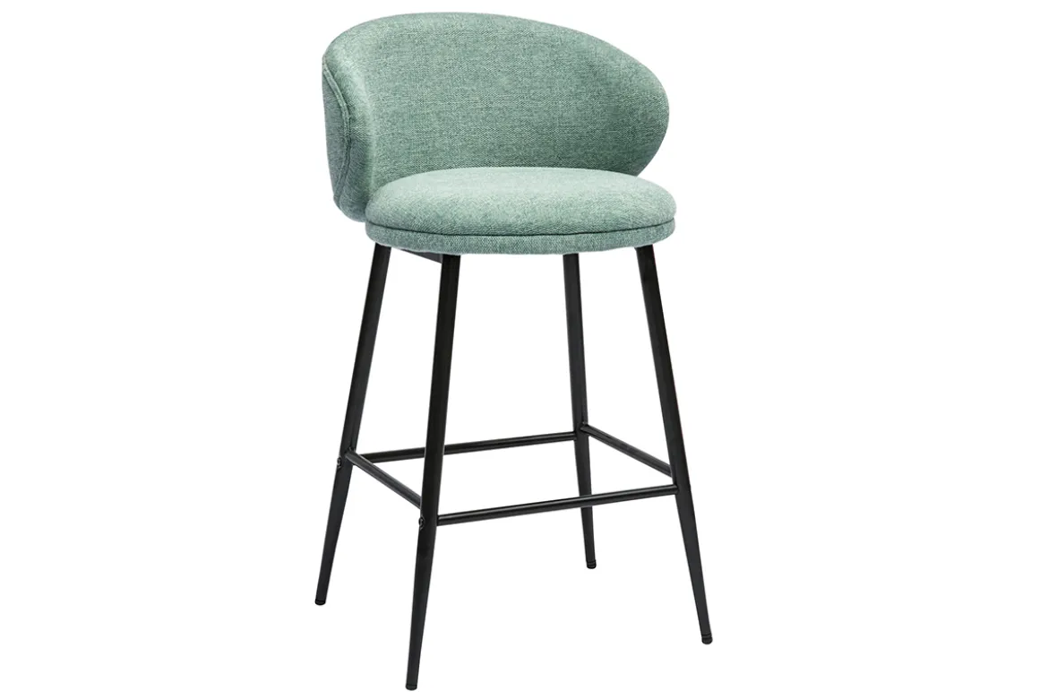 Tabourets de bar design en tissu effet velours texturé vert céladon et métal noir (lot de 2) ROSALIE