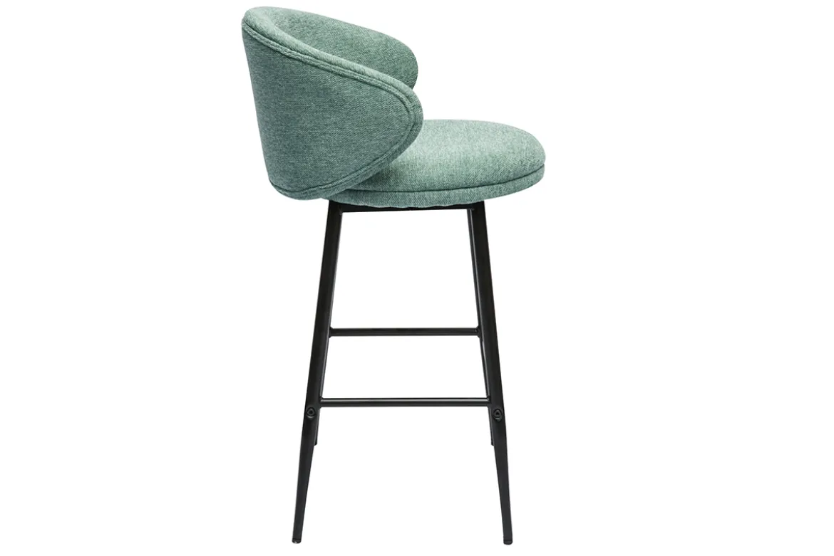 Tabourets de bar design en tissu effet velours texturé vert céladon et métal noir (lot de 2) ROSALIE