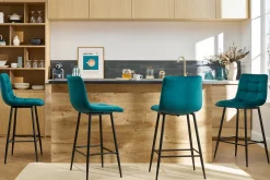Tabourets de bar design en velours bleu pétrole H65 cm (lot de 2) MAXWELL