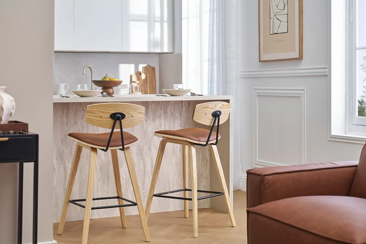Tabourets de bar design marron et bois clair H69 cm (lot de 2) VASCO