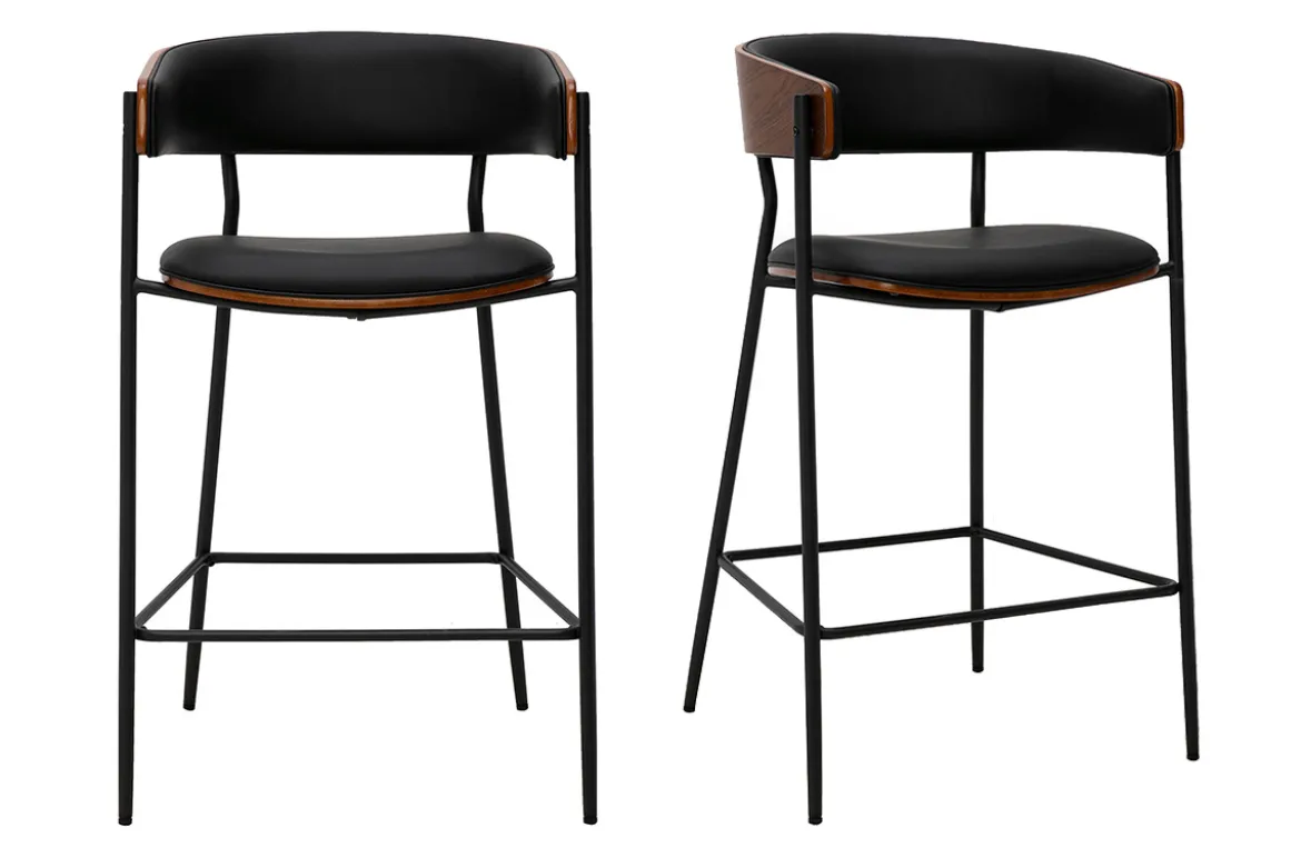 Tabourets de bar design noirs et bois foncé noyer H66.5 cm (lot de 2) DANTE