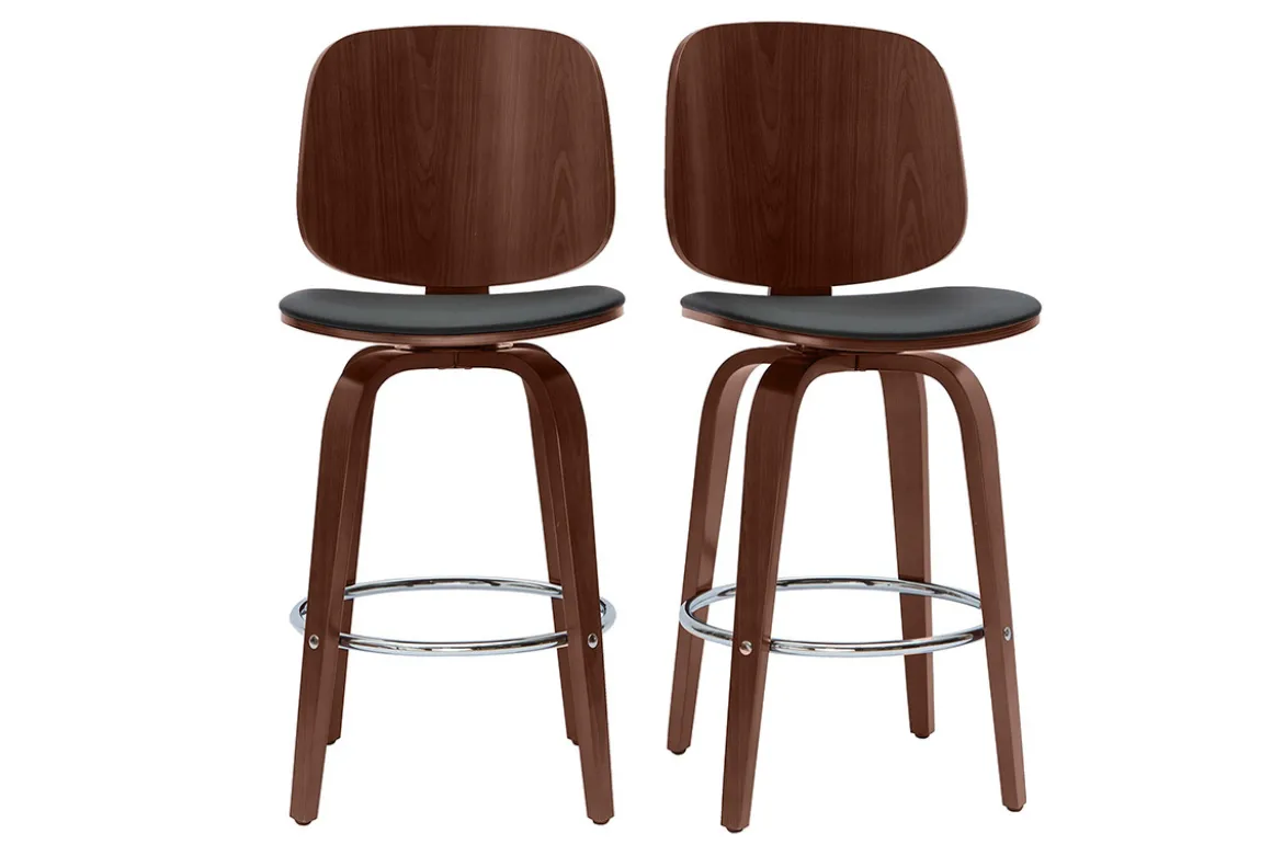 Tabourets de bar design pivotants noirs et noyer H66 cm (lot de 2) BECK