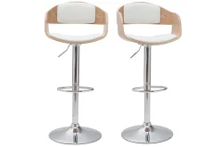 Tabourets de bar design réglables en polyuréthane blanc et bois clair (lot de 2) EUSTACHE