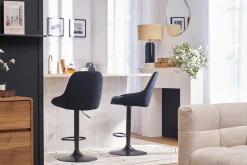 Tabourets de bar design réglables en tissu velours noir et métal noir 360° (lot de 2) HOLO