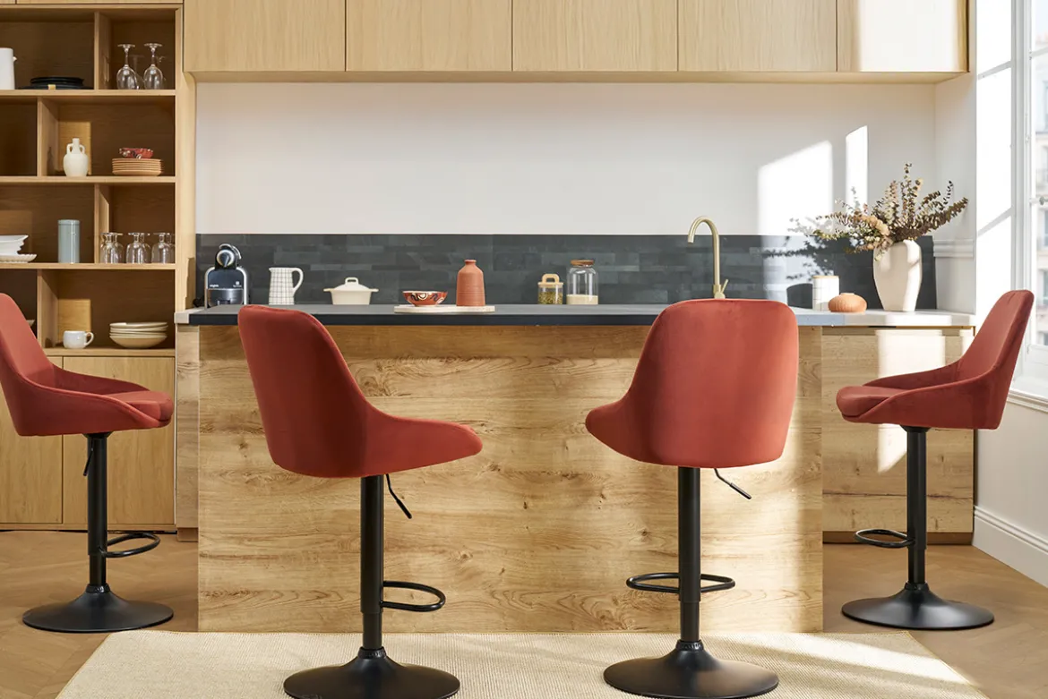 Tabourets de bar design réglables velours rouge tomette (lot de 2) HOLO