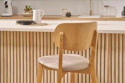 Tabourets de bar en bois clair chêne et tissu beige H65 cm (lot de 2) LUCIA
