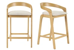 Tabourets de bar en tissu effet velours texturé beige et bois clair H68 cm (lot de 2) PULSO
