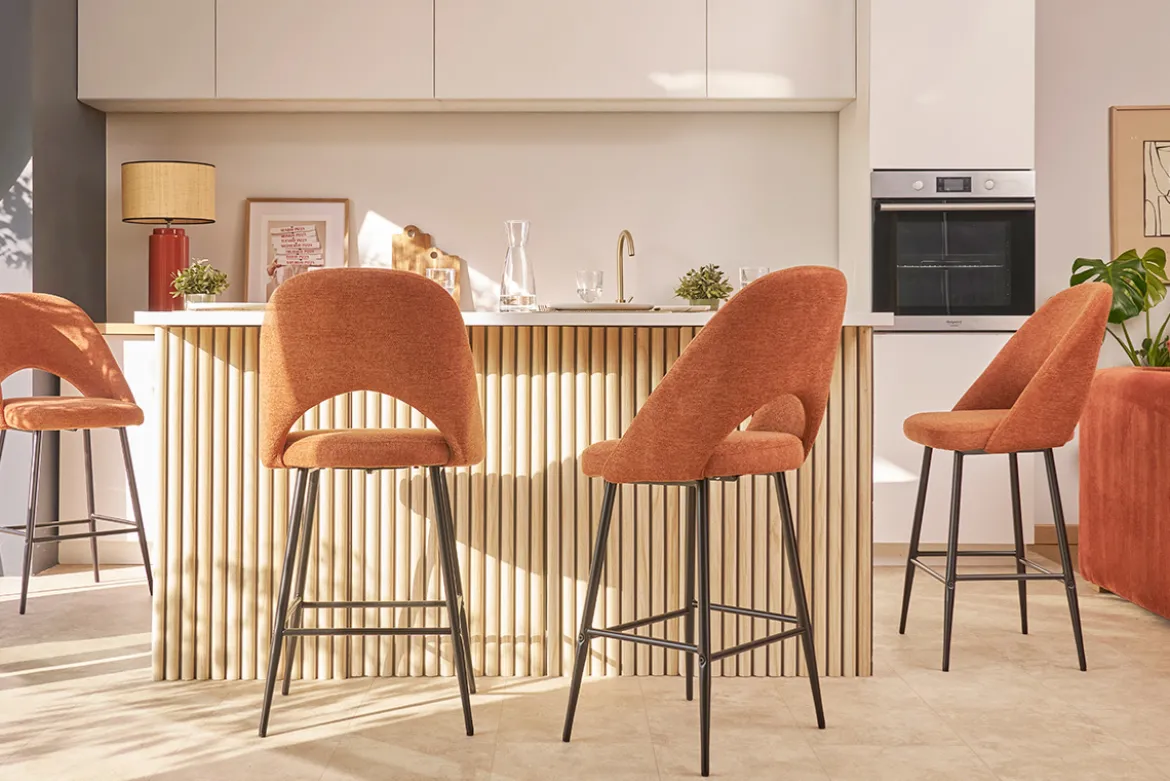 Tabourets de bar en tissu effet velours texturé terre brûlée H65 cm (lot de 2) COSETTE