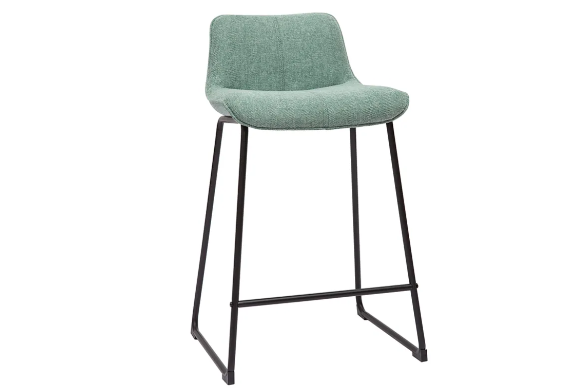 Tabourets de bar en tissu effet velours texturé vert céladon et métal noir H65 cm (lot de 2) BOOST