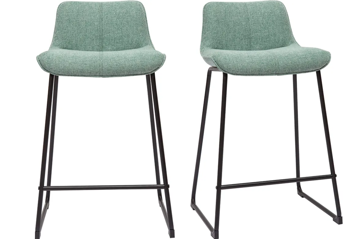 Tabourets de bar en tissu effet velours texturé vert céladon et métal noir H65 cm (lot de 2) BOOST