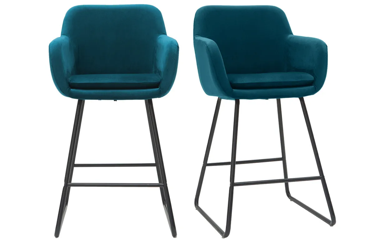 Tabourets de bar en velours bleu pétrole H65 cm (lot de 2) AMIKA
